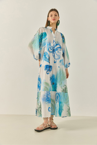 Bianco Lucci Γυναικείο μακρύ λινό φόρεμα με λαιμόκοψη V με επένδυση Flounce 3032 60283274