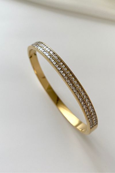 SilverStone Double Row Baguette Stone Steel Clamp Bracelet