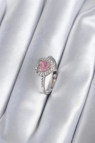 robotrend Brass Silver Color Pink Zircon Stone Heart Charm Model Women's Ring
