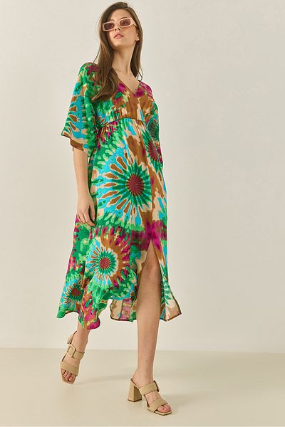 Bianco Lucci Women's Patterned Elastic Waist Wrap Collar Summer Viscose Dress 60283296