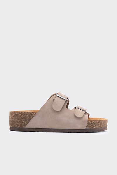 SHOEMARK Gabba Mink Genuine Leather Suede Buckle Detailed Women's Slippers