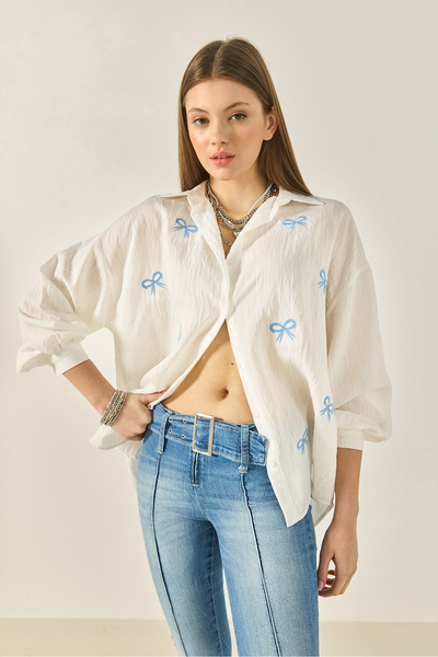 Bianco Lucci Women's Embroidered Bow Embroidered Self-Striped Loose Modal Shirt 2061 60283253