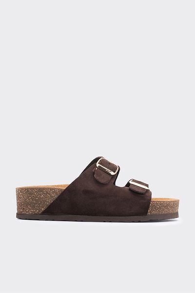 SHOEMARK Gabba Brown Genuine Leather Suede Women's Slippers with Buckle Detail