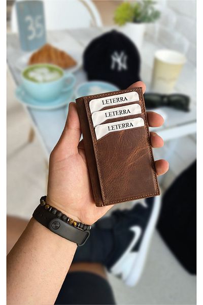 AKING Genuine Leather Crazy Tan Vertical Card Holder+Wallet
