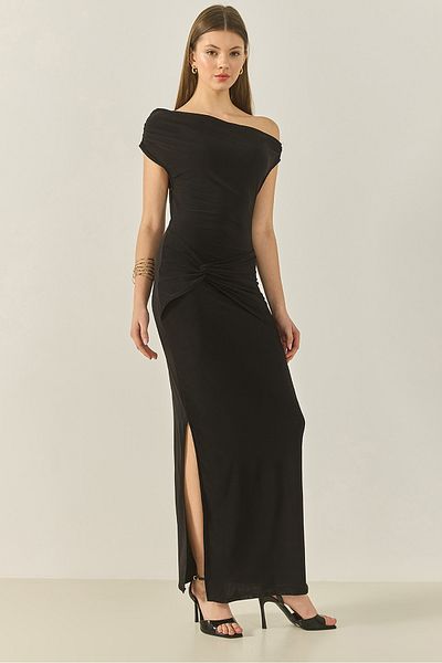 Bianco Lucci Women Boat Neck Knot Detail Slit Saran Candy Dress 60283248