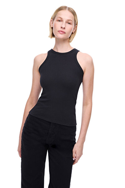 Perspective Μαύρη μπλούζα Amorinas Slim Fit Standard μήκους μηδενικού μανίκι Crew λαιμόκοψη