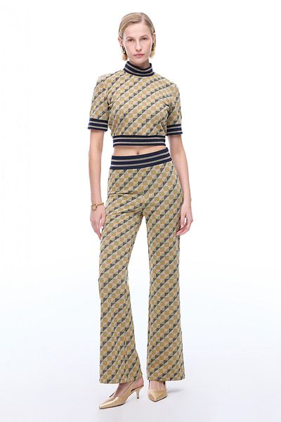 Perspective Alcors Slim Fit Geometric Pattern Long Length Green Trousers