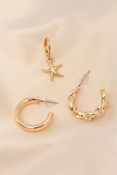 FASHIONLINE Gold Color Metal Minimal Starfish Twist Detailed Half Hoop Earring Set