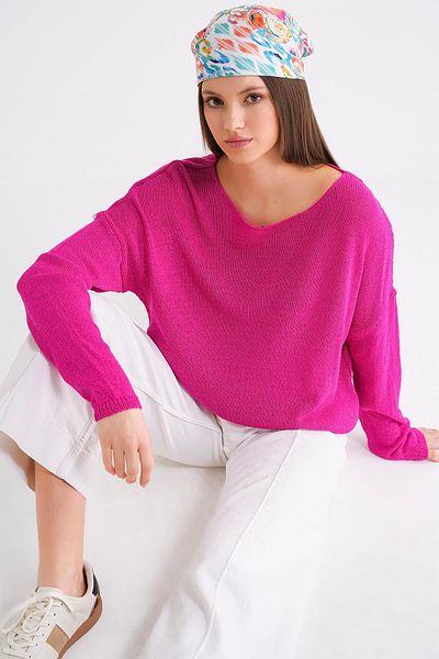 Mixray 6933 Women's Boat Neck Slim Seasonal Knitwear Sweater Fuchsia