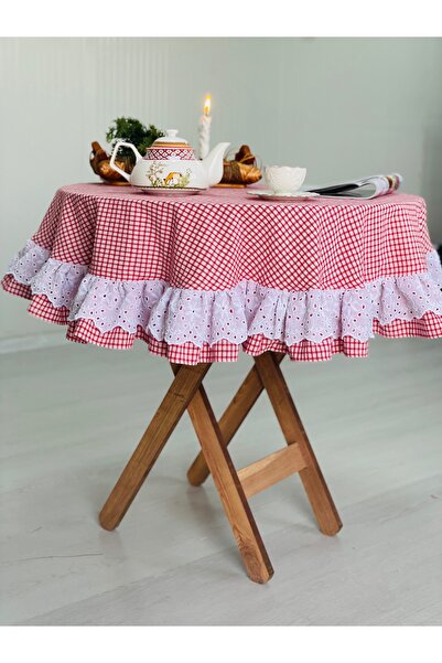 HOME OF BLOSSOM Red Gingham Linen Double Scallop Ruffle Table Cloth