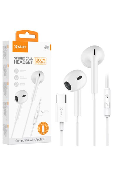 REDz Accessories Căști cu cablu Type-C 120cm, X-Start EJ042, compatibile cu iPhone 15/16 și Android, albe