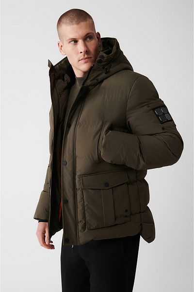 Avva Men's Khaki Hooded Plush Detailed Water Repellent Windproof Puffer Jacket A32Y6046