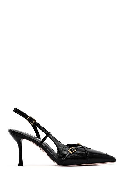 Derimod Women's Black Ankle Buckle Open Back Thin Heeled Leather Shoes 25Sfd494418