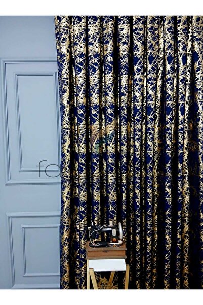 farbateks Синій золотий блискучий тканинний штор з шнурками, 3-шаровий плісирований фон