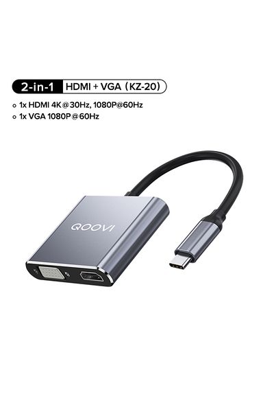 REDz Accessories 2 in 1 Hub Cable, HDMI + VGA, QOOVI, Type-C Plug, Data Transfer, Gray