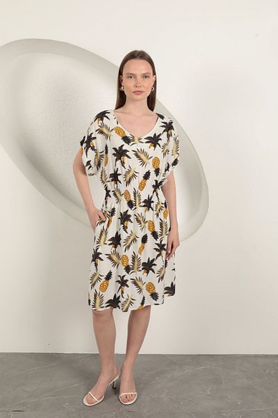 vuvutasarım New Season Viscose Fabric Pineapple Pattern Women's Midi Dress Beach Dress 25VL132-04