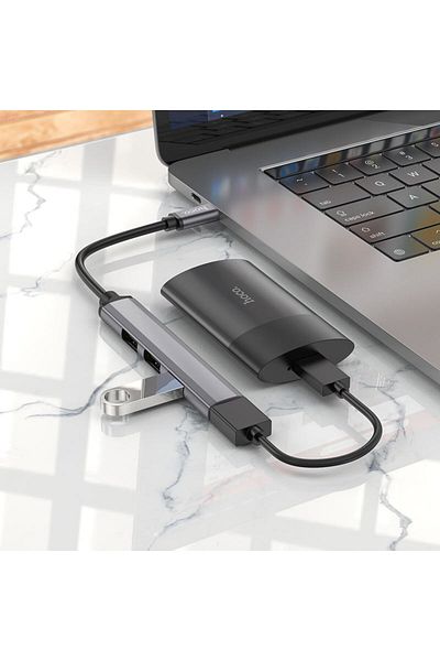 REDz Accessories Hoco HB26 Hub Cable, Type-C to USB, 4 Ports, Supports 1Tb Transfer, OTG, Gray