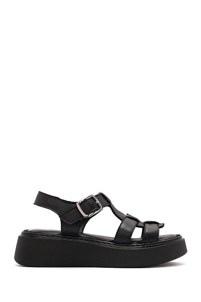 Derimod Women's Black Buckle Thick Sole Leather Comfort Sandals 25Sfd343018