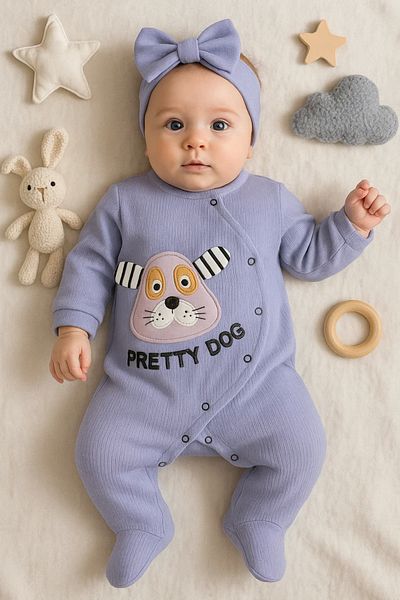 Babydonat Pretty Dog Embroidered Bandana 100% Cotton Jumpsuit for Baby Girl