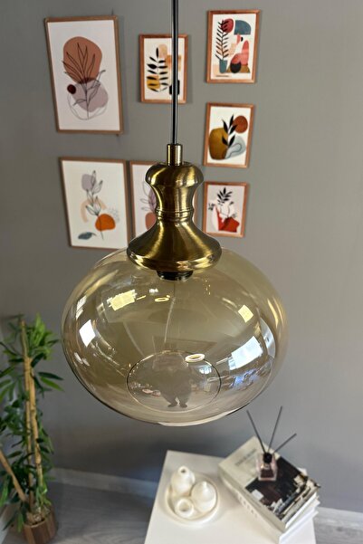 Bamyum Solvia Cam Bal Rengi Tekli Avize Eskitme Tokmak Başlık Retro Sarkıt Lamba Salon Aydınlatma