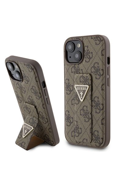 Guess Case for IPhone 15, Grip Stand 4G Triangle Strass, Guess - Brown