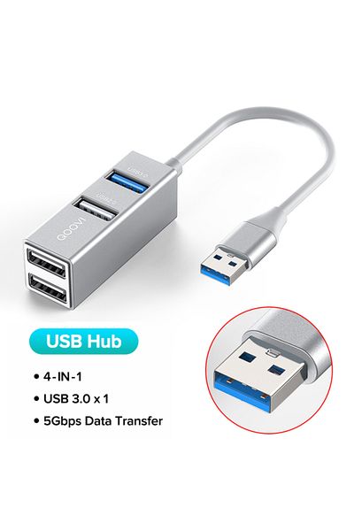 REDz Accessories QOOVI 4-Port USB Hub Cable, 5GB Data Transfer, Metallic, Silver