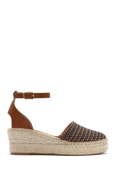 Derimod Woman's taba ankle buckle wedge heel straw leather espadrille sandals