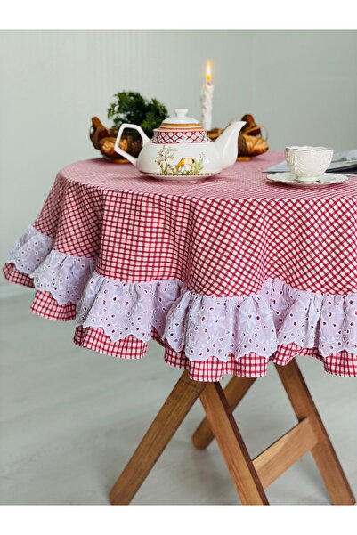 HOME OF BLOSSOM Red Gingham Linen Double Scallop Ruffle Table Cloth