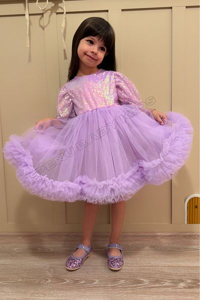 penu baby kids Βραδινό φόρεμα για κορίτσια με λιλά παγιέτες με μανίκια με χάντρες από τούλι - Terra