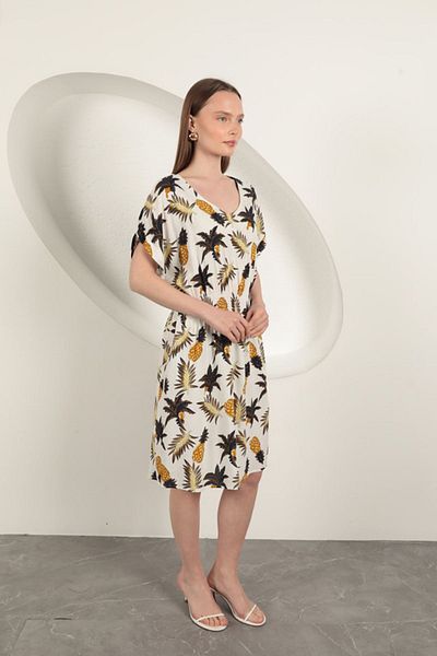 vuvutasarım New Season Viscose Fabric Pineapple Pattern Women's Midi Dress Beach Dress 25VL132-04