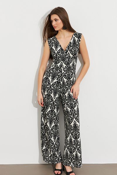 Cool & Sexy Women's Black Double Breasted Collar Patterned Wrap Jumpsuit Mp430