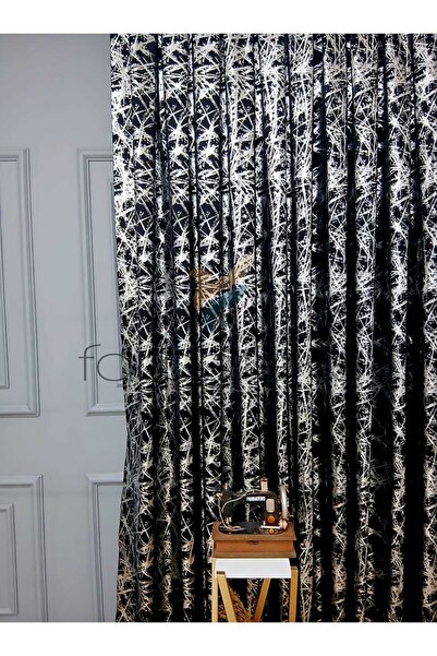 farbateks Black Gray Silver Foil Shiny Laced Opart Fabric 3 Layer Pleated Background Curtain