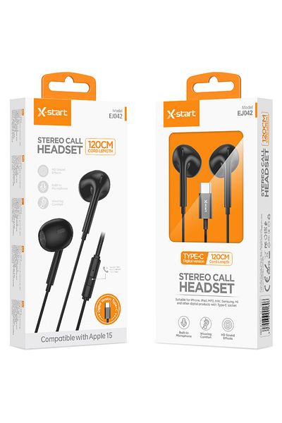 REDz Accessories Headphones With Type-c Cable 120cm, X-start Ej042, Compatible With Iphone 15/16 And Android, Black