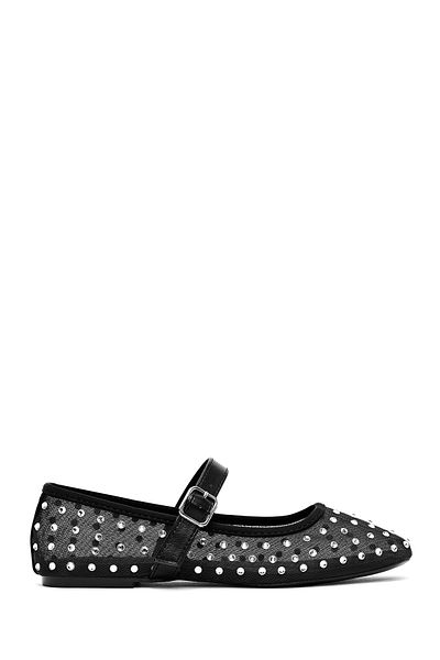Derimod Women's Black Buckle Stone Fabric Ballerinas 25Sfe493014