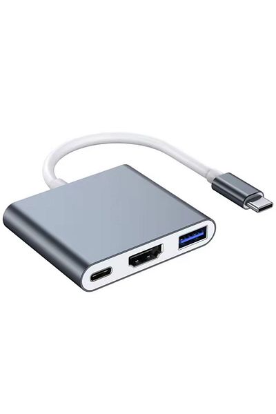 REDz Accessories 3-Port Hub Cable, USB + type-C + HDMI, Type-C Connector, Metallic, Gray