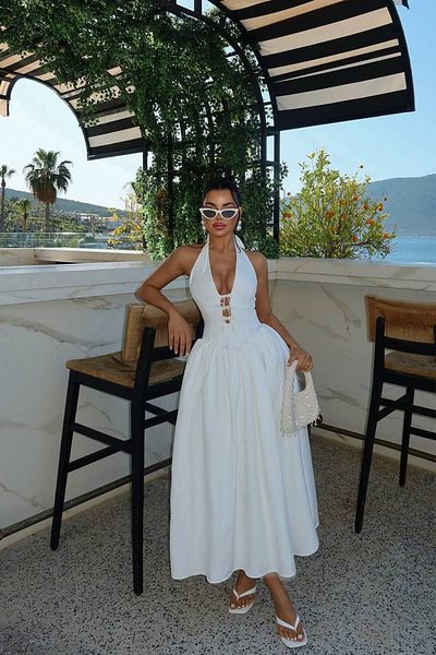 D'RECCY Women's White Bust Low-Cut Ribbon Detail Halter Corset Dress