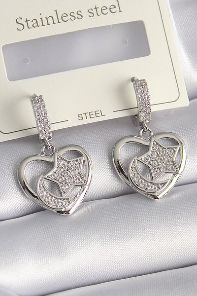 Skygo Brass Silver Color Heart Model Zircon Stone Moon Star Embroidered Women's Earrings - Tj-Bkp9738