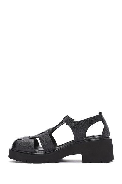 Derimod Women's Black Ankle Strap Thick Heeled Leather Sandals 25Sfd2016Ft
