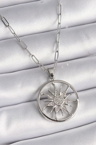 Skygo 316L Steel Silver Color Zircon Stone Sun Medallion Model Women's Necklace - Tj-Bko9529