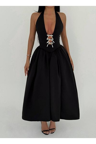 D'RECCY Women's White Bust Low-Cut Ribbon Detail Halter Corset Dress