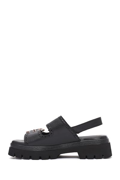 Derimod Women's Black Buckle Strap Thick Sole Leather Sandals 25Sfd202318
