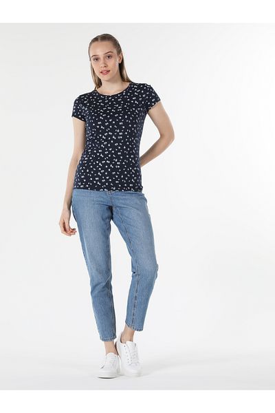 Colin's Slim Fit Round Neck Printed Women's Navy Blue Short Sleeve T-Shirt