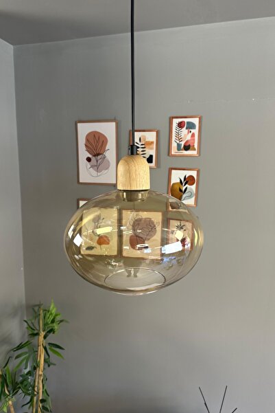 Bamyum Solvia Cam Bal Rengi Tekli Avize Kalın Ahşap Kafa Başlık Retro Sarkıt Lamba Salon Aydınlatma