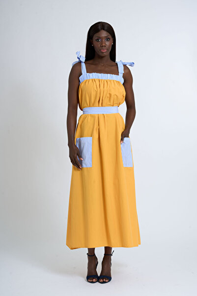 HANIQA Dugačka poplin haljina sa naramenicama | Žuta