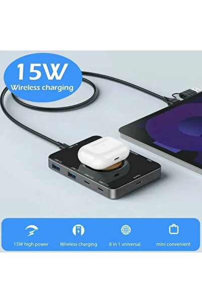 REDz Accessories 10-Port Hub Adapter, Wireless charging 15W, G-K07, USB + Type-C, Card, Gray