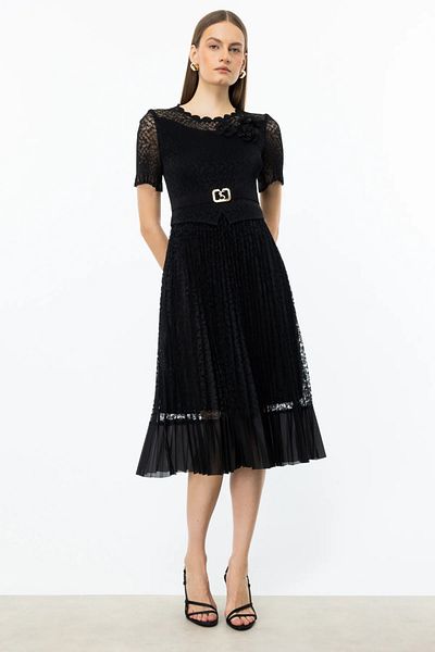 Ekol Floral Detailed Skirt Lace Dress Black