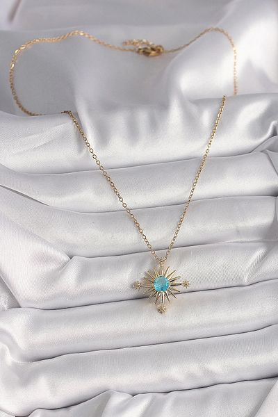 Clariss 316L Steel Gold Color Chain Blue Stone Detailed North Star Model Women's Necklace