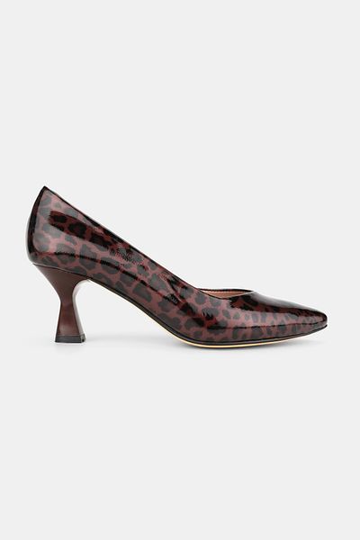 TUNAELLİ Women's Burgundy Patent Leather Genuine Natural Leather 33-34-35-41-42-43 Number Leopard Patterned Thin Heel Shoes