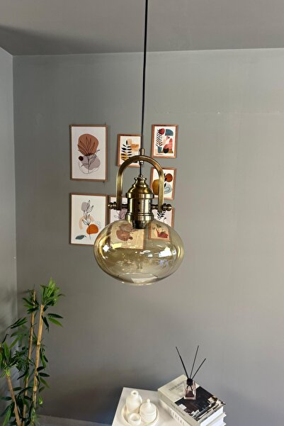 Bamyum Solvia Cam Bal Rengi Tekli Avize Delikli Eskitme Başlık Retro Sarkıt Lamba Salon Aydınlatma