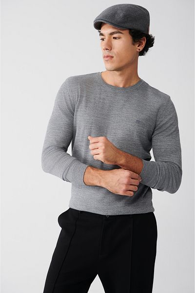 Avva Men's Gray Crew Neck Wool Knitwear Sweater B 005013